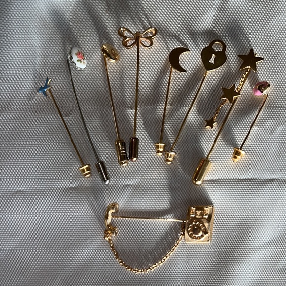 Avon Pin and 8 Stick Pins Lot Telephone Flower Lock Moon Butterfly Bird Stars - Picture 9 of 12